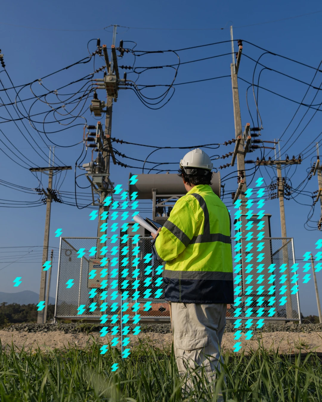 Profissional de campo, de capacete e colete, diante de uma subestação de energia.